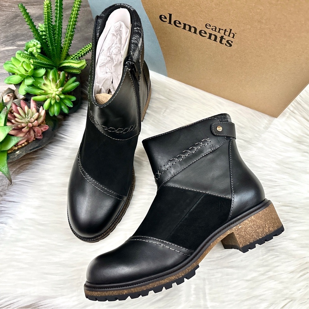 NIB Earth Elements Taylen Boot Bootie Lug Sole Patchwork Black Leather